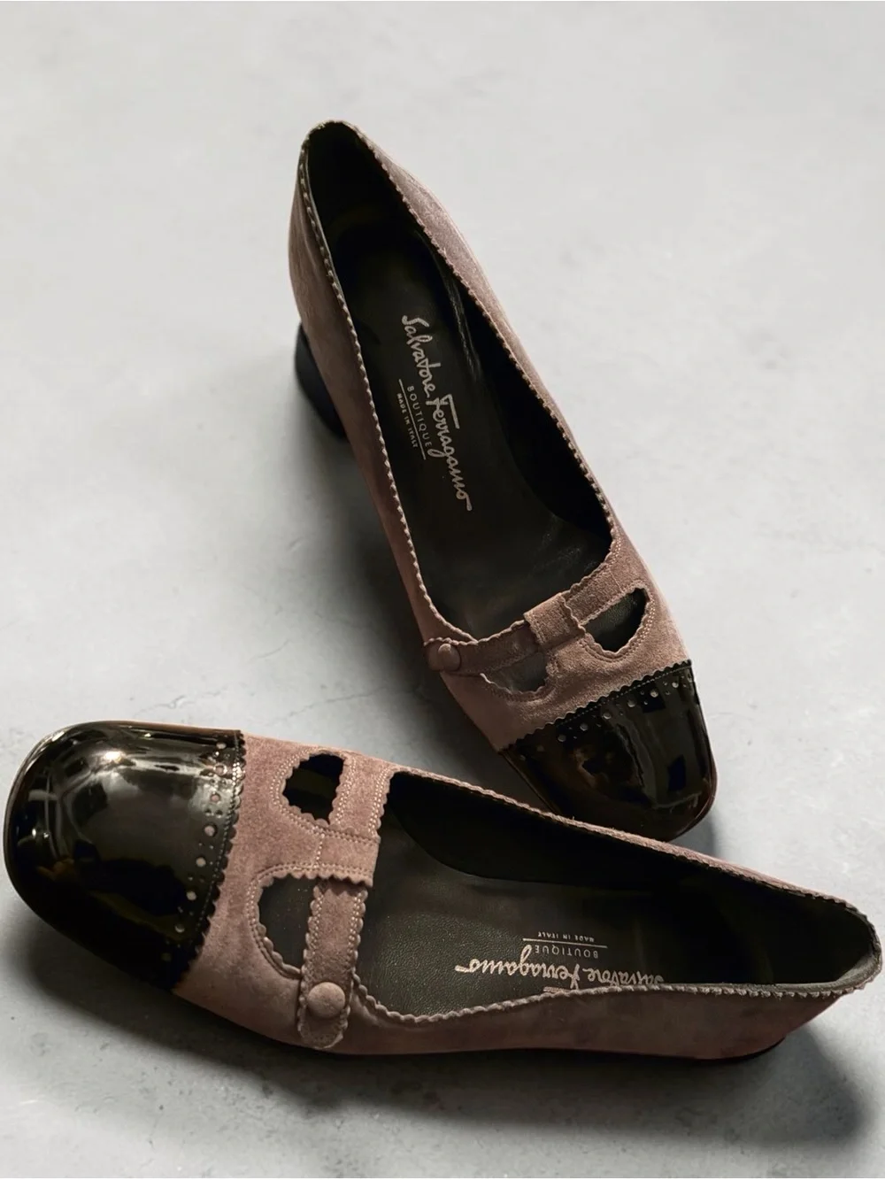 Vintage Salvatore Ferragamo Grey Suede Pumps with Black Patent Cap Toe